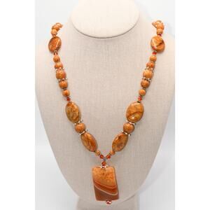 Orange Gemstone Pendant Necklace Quartz Stone Toggle Clasp Artisan 24"